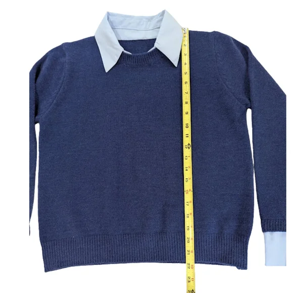 Layered Collar Sweater Dark Academia Preppy Old Money Knit Pullover Blue - Picture 3 of 6